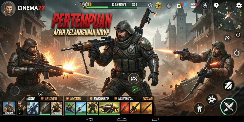 Tampilan gameplay mendebarkan dari CINEMA77 saat pertempuran berlangsung.