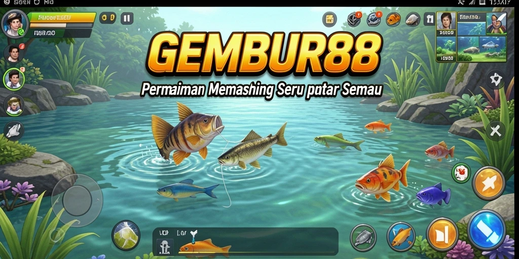 Screenshot gameplay GEMBUR88 menunjukkan aksi memancing yang seru.