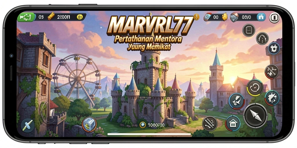 Tangkapan layar gameplay MARVRL77 dengan aksi pertahanan menara yang mendebarkan.