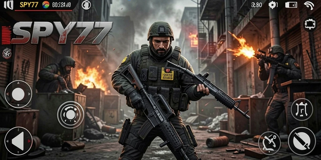 Tangkapan layar utama menampilkan aksi mendebarkan dalam gameplay SPY77.